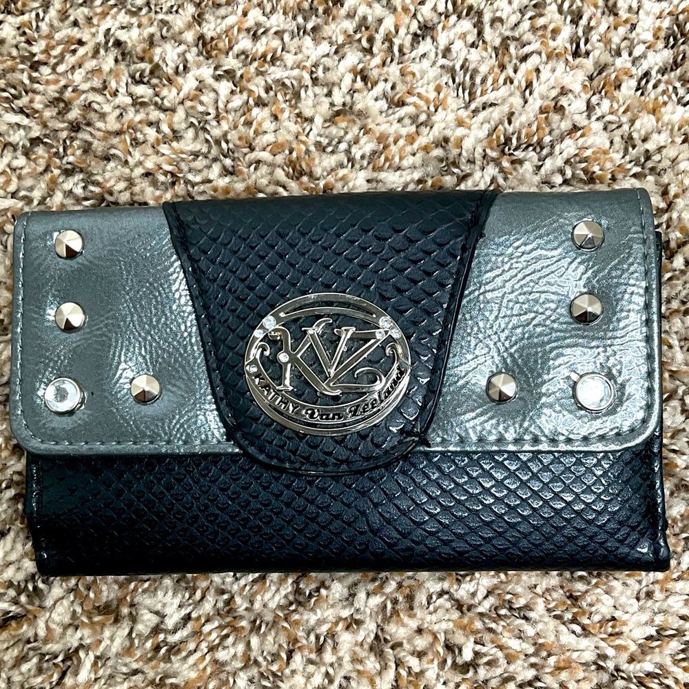 Kathy Van Zeeland Wallet, faux snakeskin leather, gray/black w/ silver, EUC